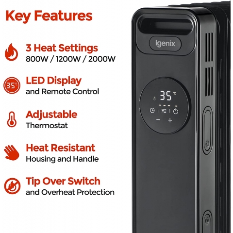 Igenix IG2626BL Digital Oil Filled Radiator, 2.5kW/2500W, Overheat Protection, Black