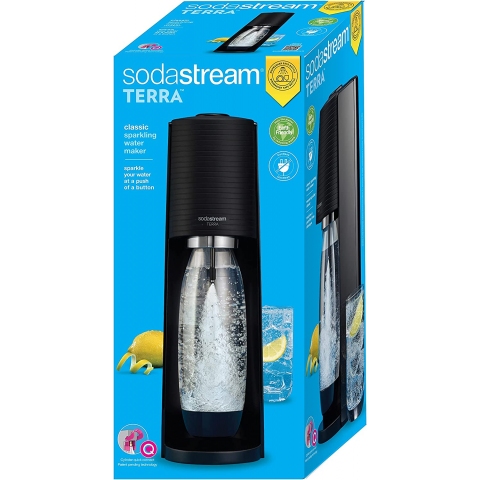 SodaStream Terra Sparkling Water Maker Machine, with 1 Litre Reusable BPA-Free Water Bottle for Carbonating & 60 Litre Quick Connect CO2 Gas Cylinder â€“ Black
