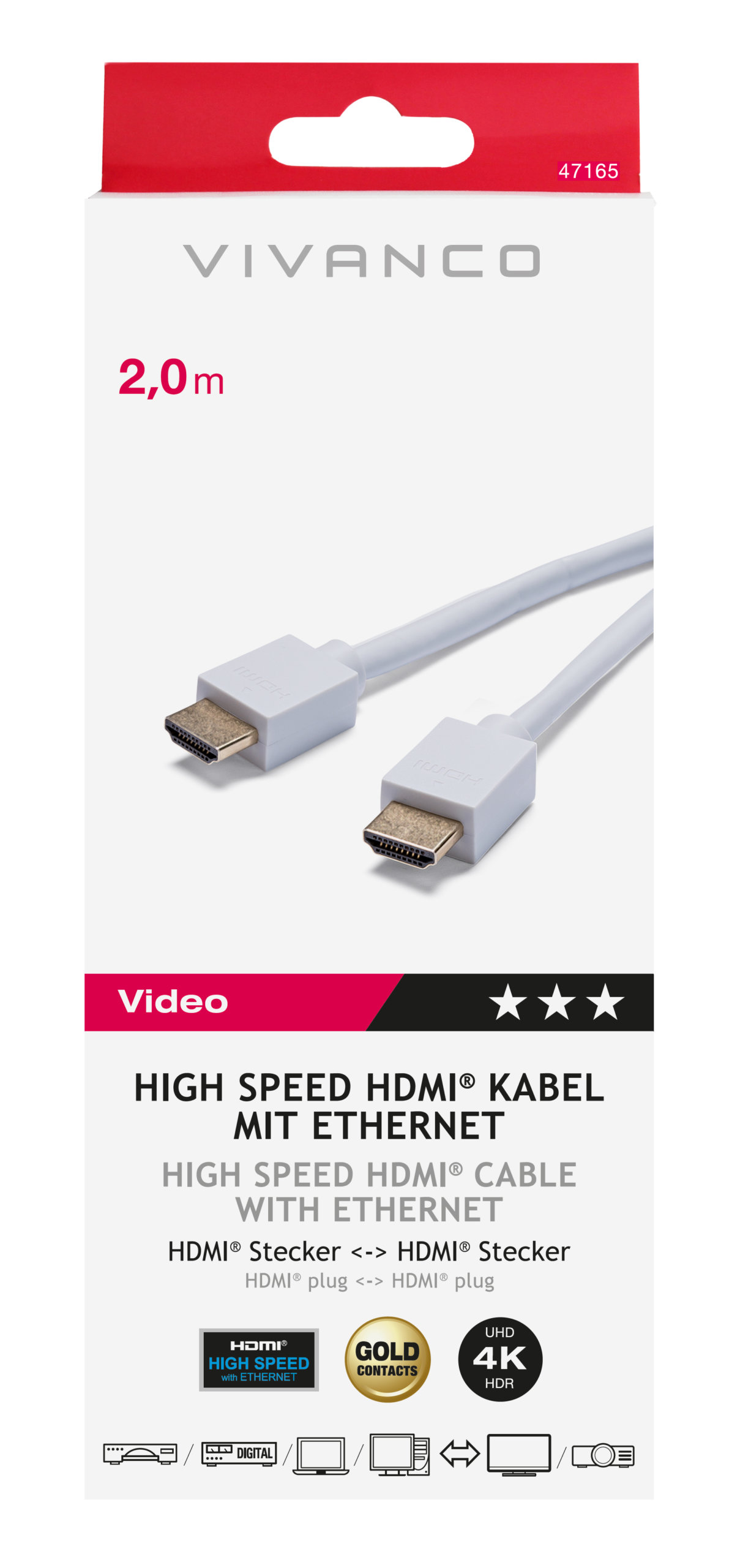 Vivanco 47165 High Speed HDMIÂ® cable with Ethernet, 2m White thumbnail image