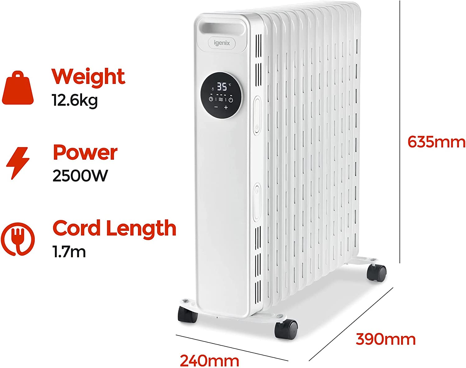 Igenix Digital Oil Filled Radiator, 2kW/2000W Overheat Protection, White thumbnail image