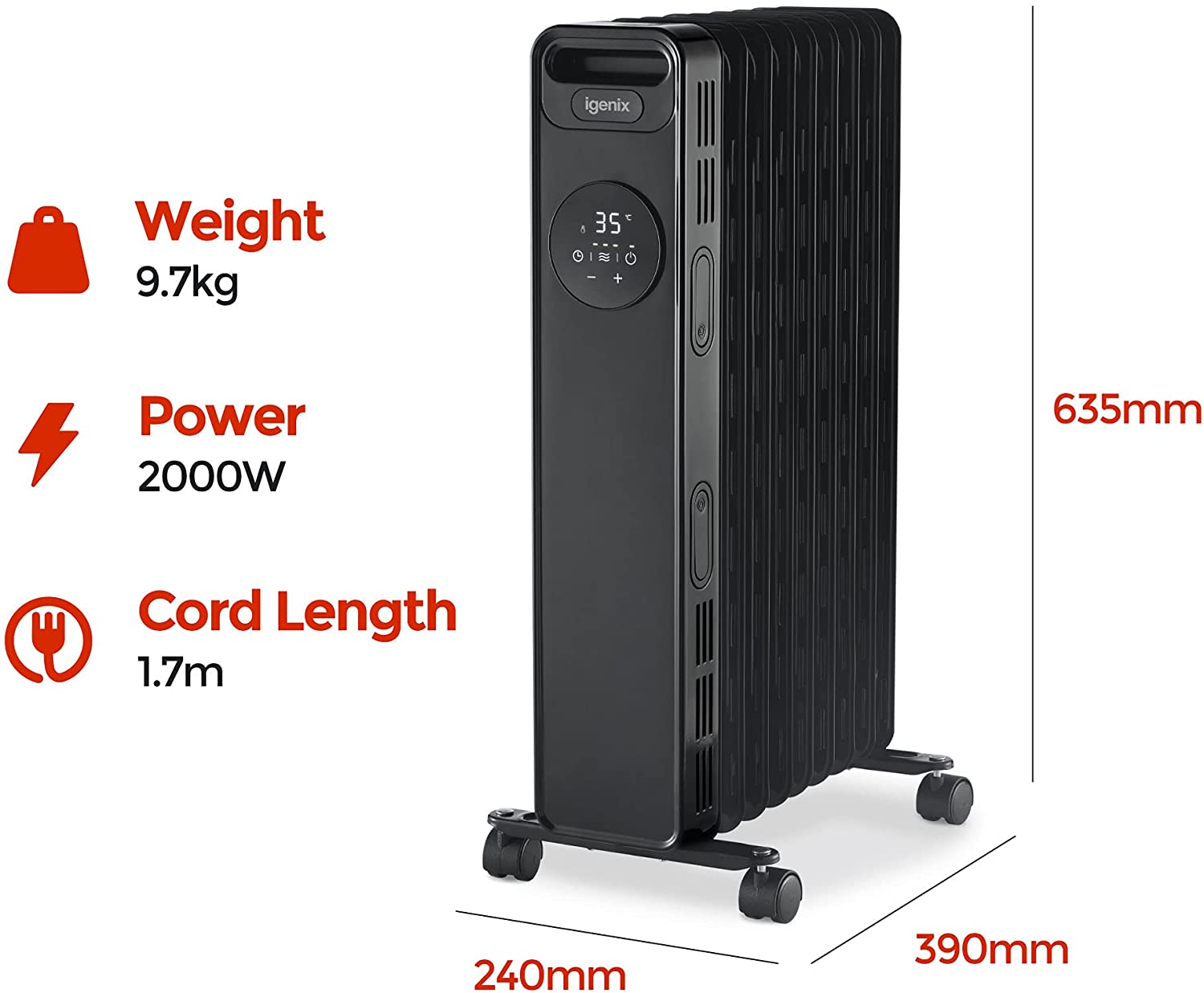 Igenix IG2626BL Digital Oil Filled Radiator, 2.5kW/2500W, Overheat Protection, Black thumbnail image