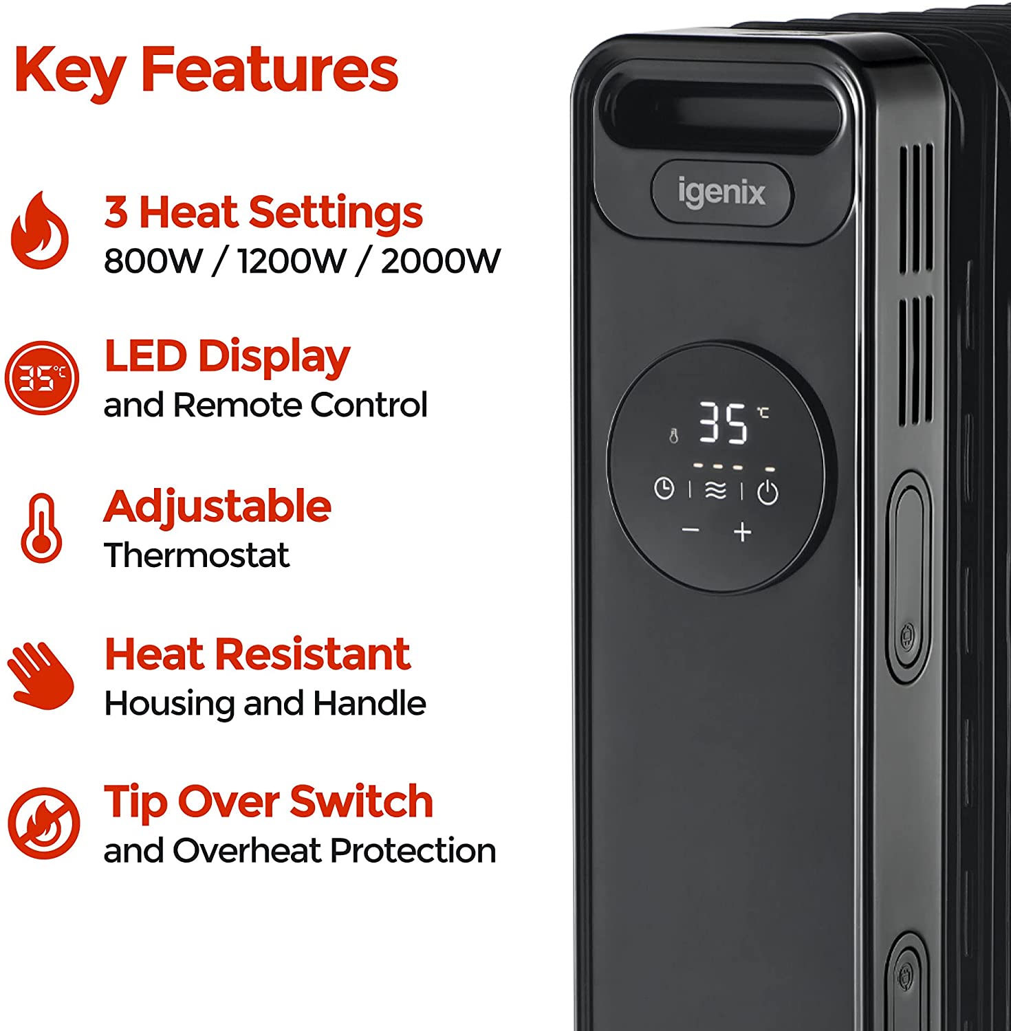 Igenix IG2626BL Digital Oil Filled Radiator, 2.5kW/2500W, Overheat Protection, Black thumbnail image