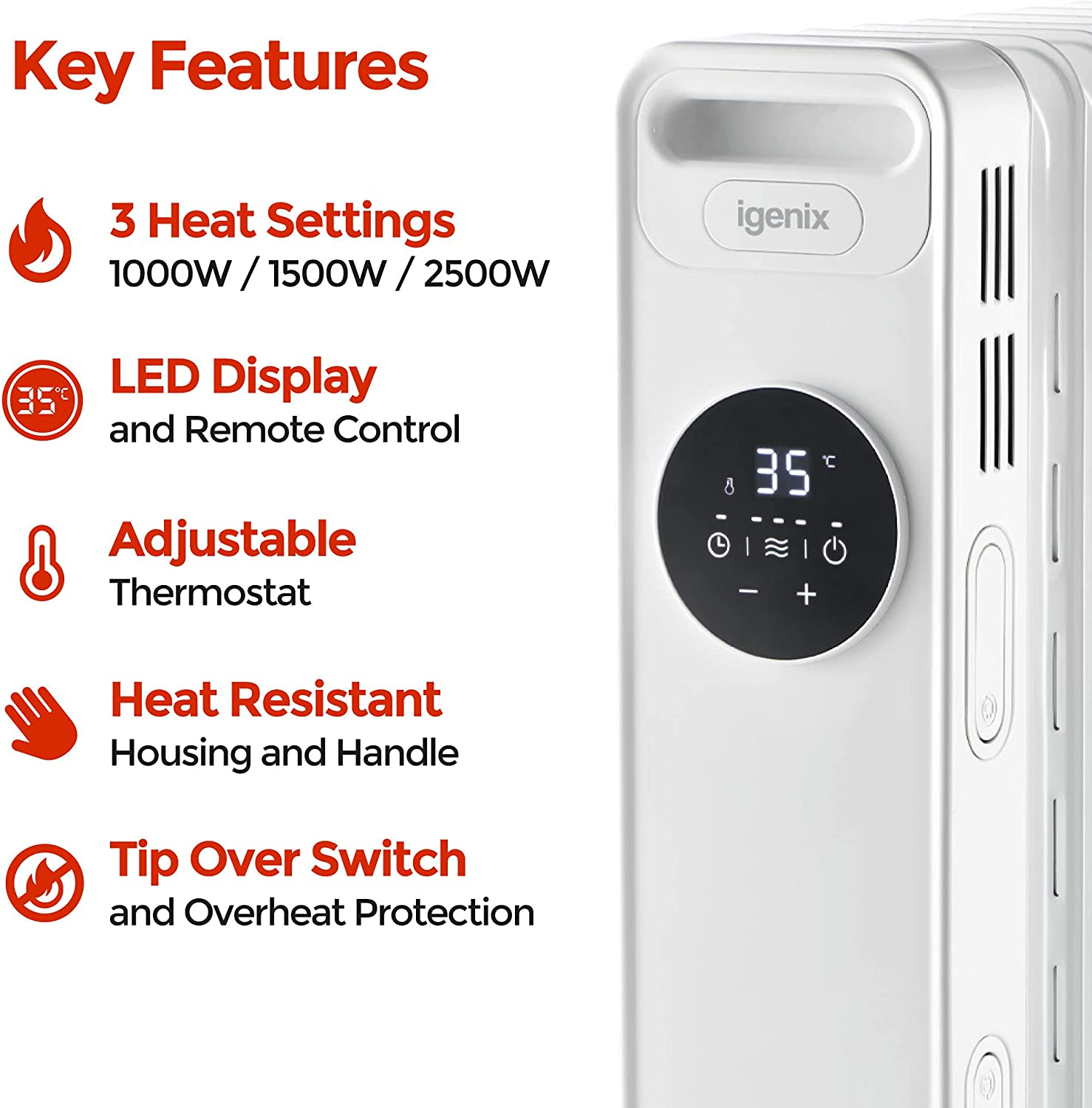 Igenix Digital Oil Filled Radiator, 2kW/2000W Overheat Protection, White thumbnail image