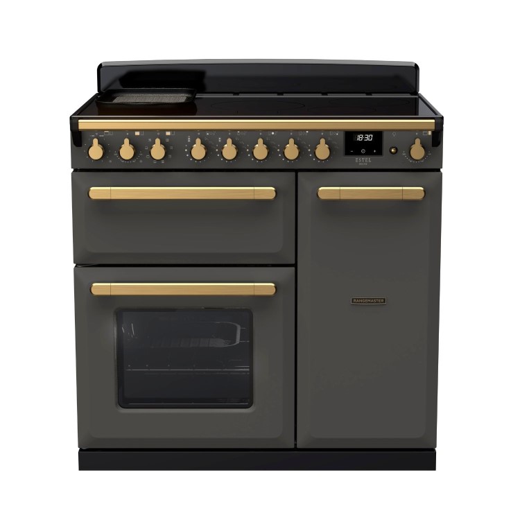 Rangemaster Estel Deluxe ESDL90EIPSLT/AB1 90cm Induction Range Cooker Slate / Antique Brass, Grey, A Rated thumbnail image