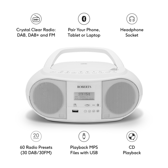 Roberts Zoombox 4 DAB+/FM CD Bluetooth Portable Boombox White thumbnail image